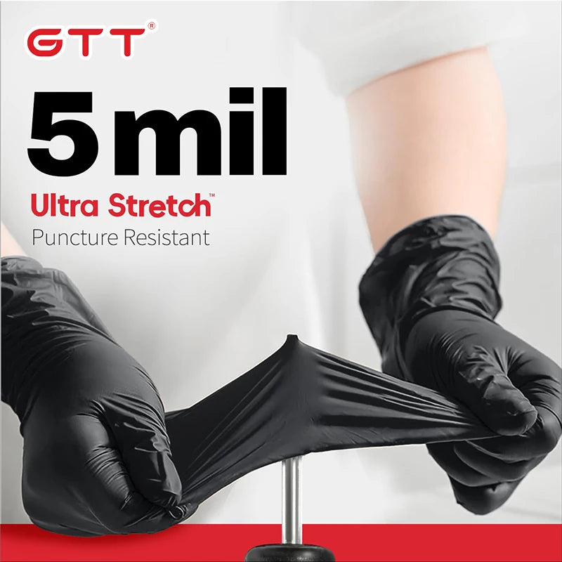 A hand wearing a black disposable glove is stretching a black fabric, demonstrating the Ultra Stretch feature.