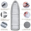 A gray ironing board cover featuring a mesh design, reinforced elastic bands, and breathable cotton fabric.
