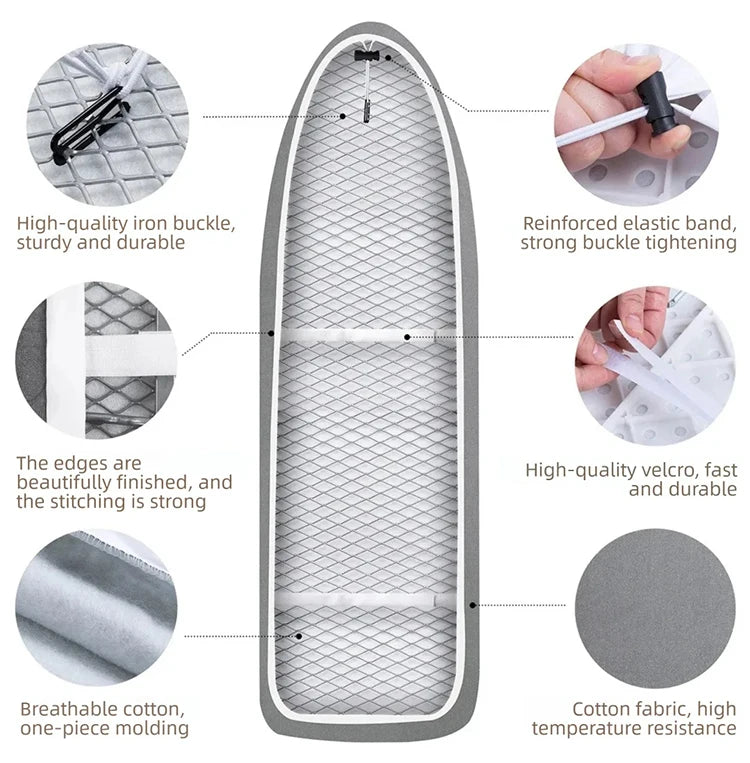 A gray ironing board cover featuring a mesh design, reinforced elastic bands, and breathable cotton fabric.