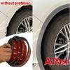 Before and after comparison of carbon fiber-look wheel arch trims on a car wheel.