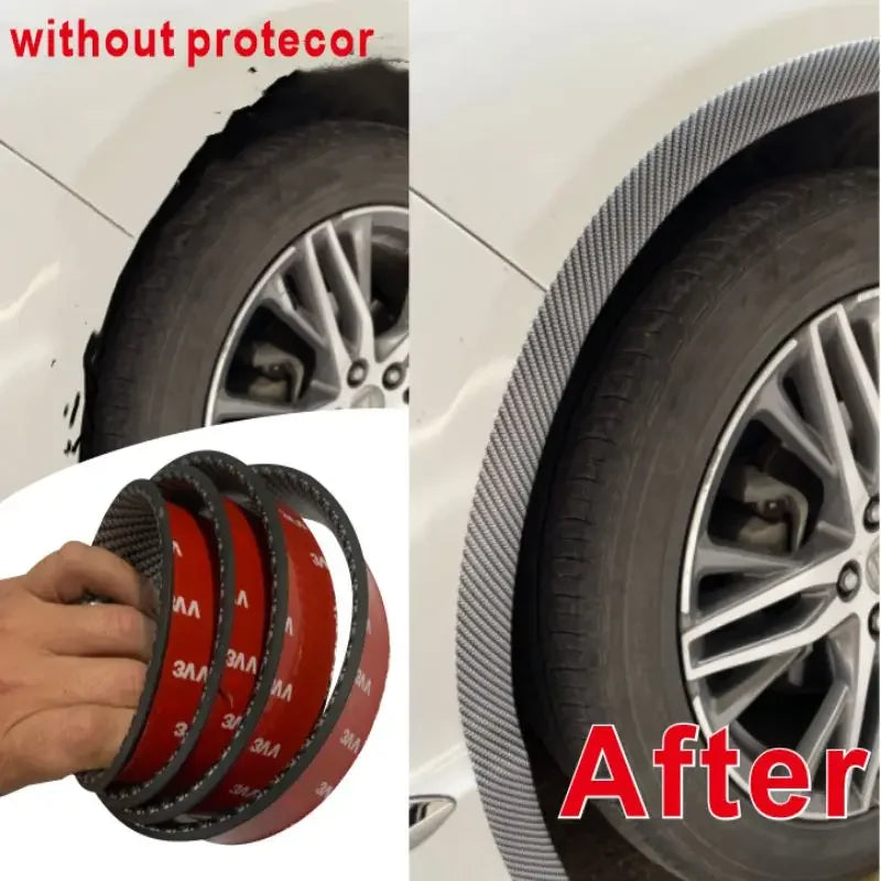 Before and after comparison of carbon fiber-look wheel arch trims on a car wheel.