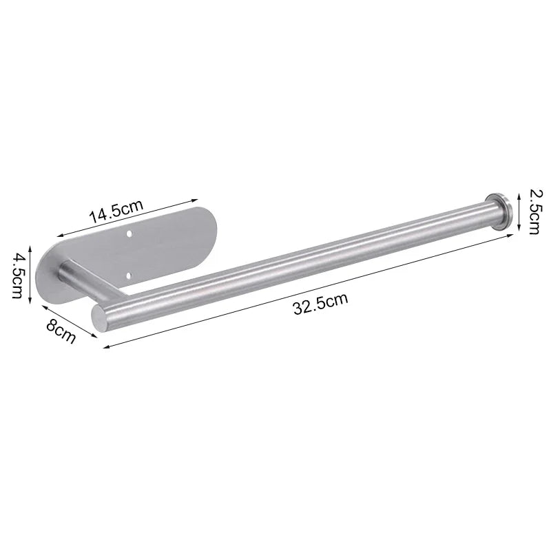 Stainless steel wall-mounted paper towel holder with a 32.5cm rod and mounting plate.
