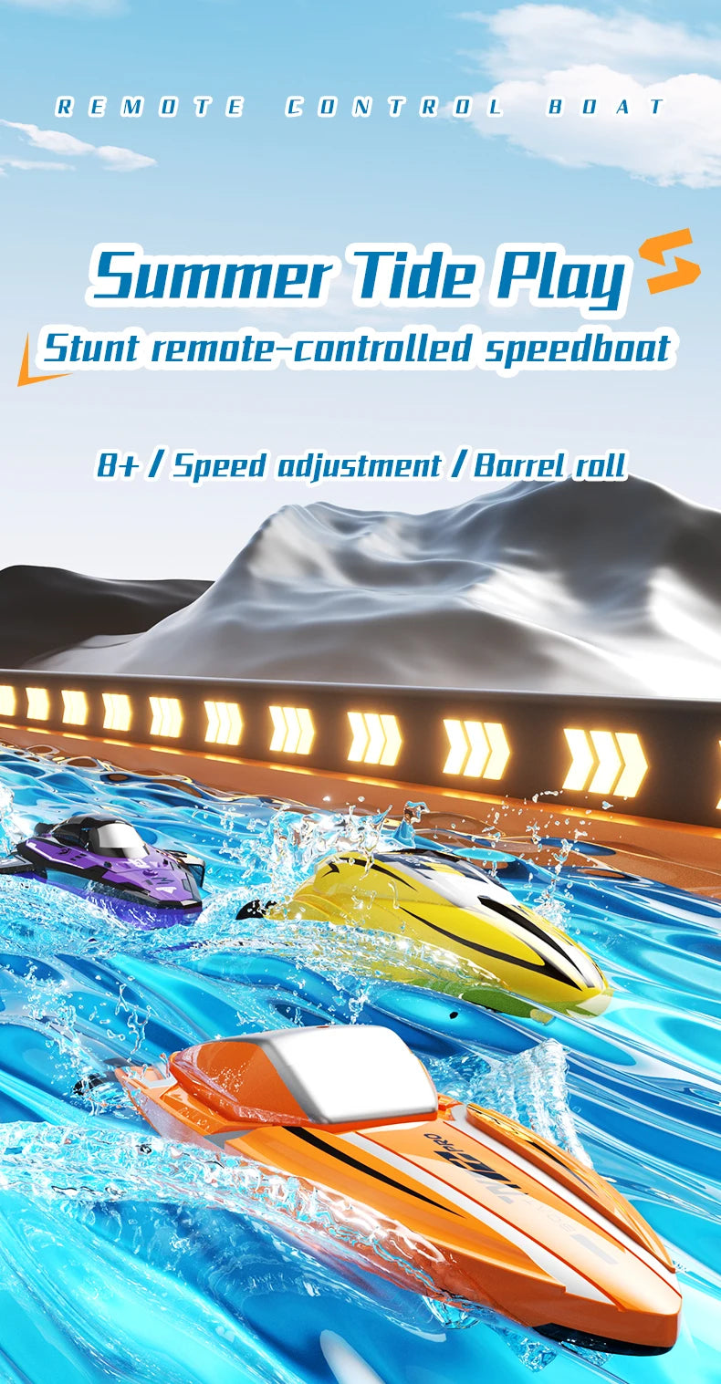 A collection of orange and yellow stunt remote-controlled speedboats racing through blue water.