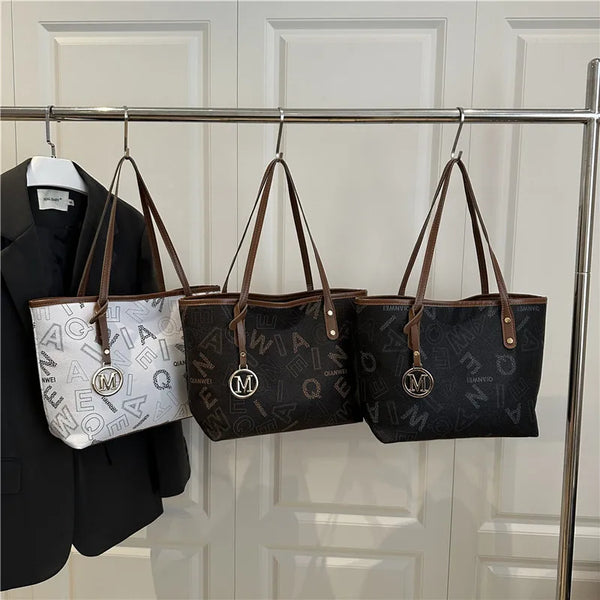 Large Capacity Letter-Print PU Leather Tote Bag