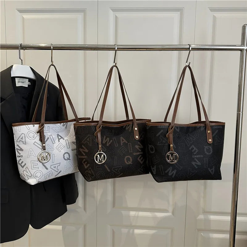 Large Capacity Letter-Print PU Leather Tote Bag