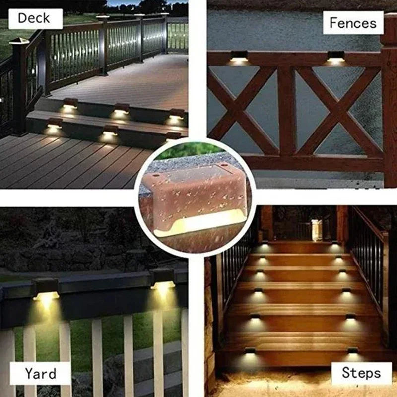 Various installations of solar powered LED step lights illuminating outdoor stairs, decks, fences, and paths.