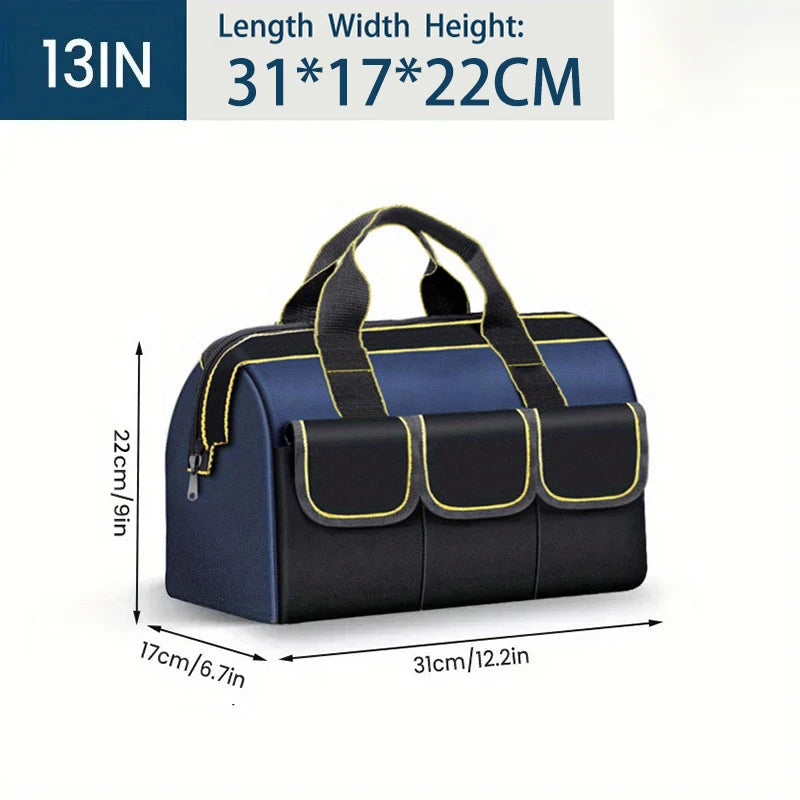 A navy blue heavy-duty waterproof tool organizer bag with multiple pockets shown from the top.