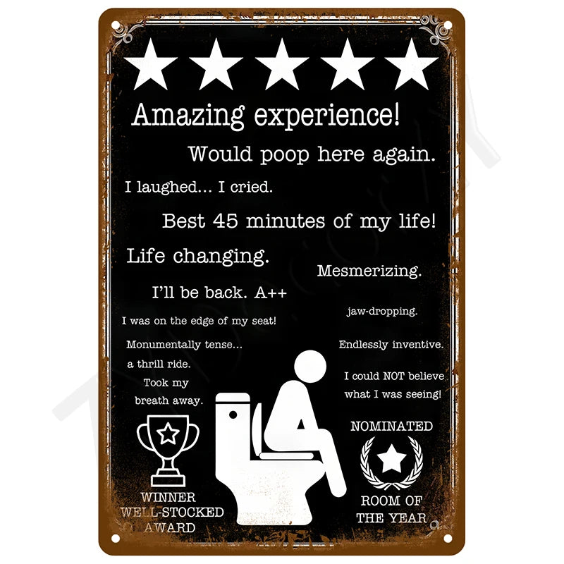 A vintage metal tin sign with humorous text and a toilet graphic, awarded as the winner of a well-stocked award.