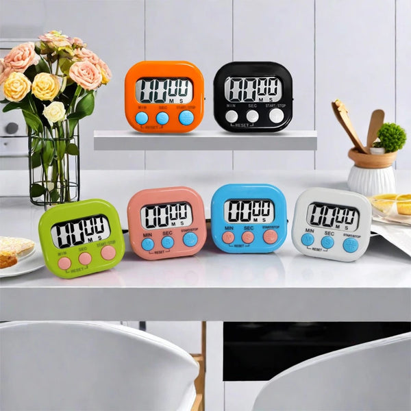Colección de temporizadores digitales magnéticos LCD de cocina coloridos con diversas funciones, mostrados en una superficie 