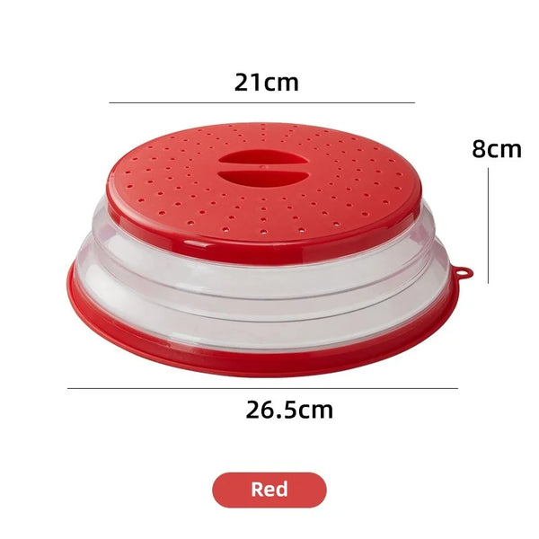 Red collapsible microwave splatter cover with a perforated lid and clear base.