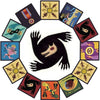 A circular arrangement of cards featuring werewolf-themed illustrations for a social deduction card game.