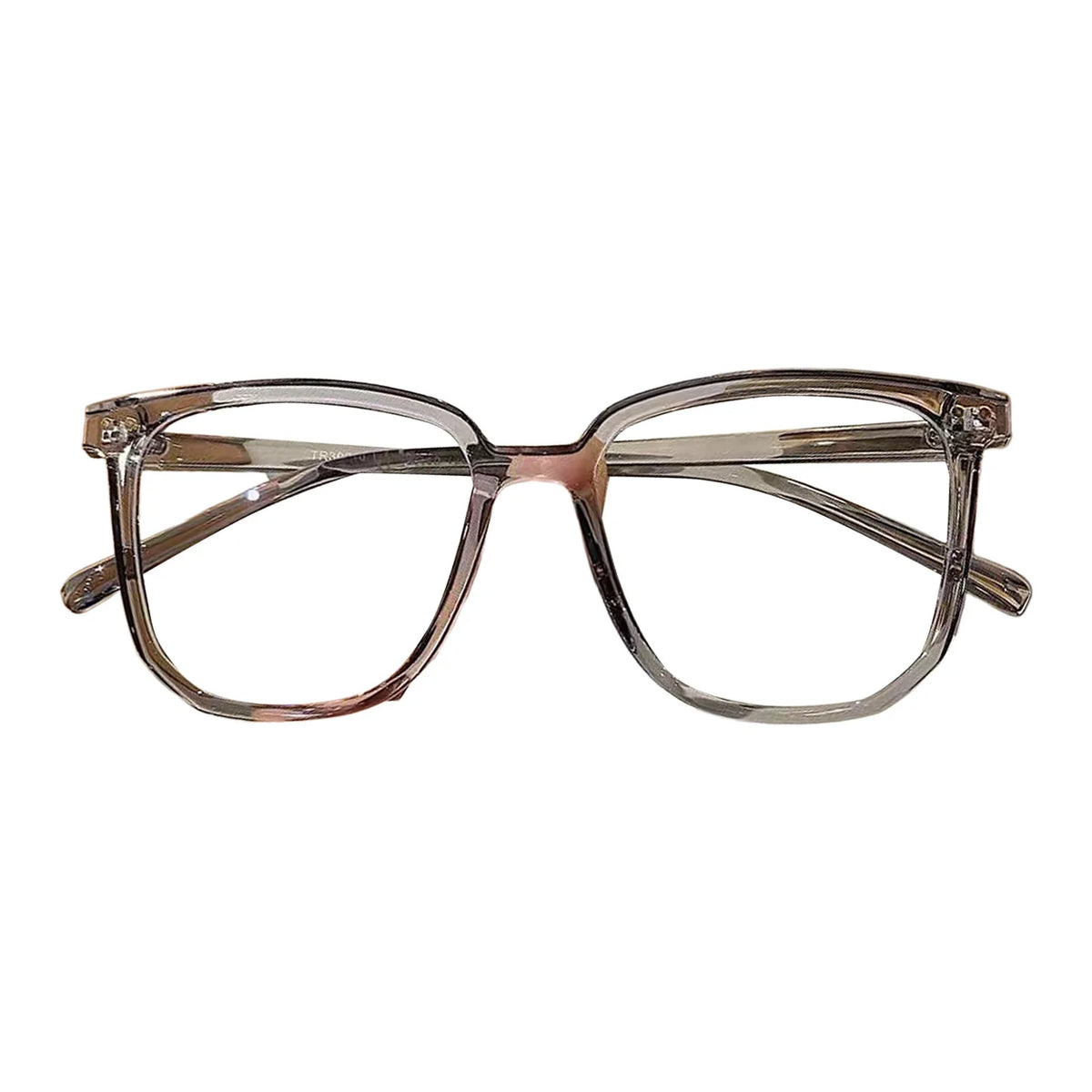 A pair of clear, rectangular anti-fatigue blue light blocking glasses with thin metal frames.