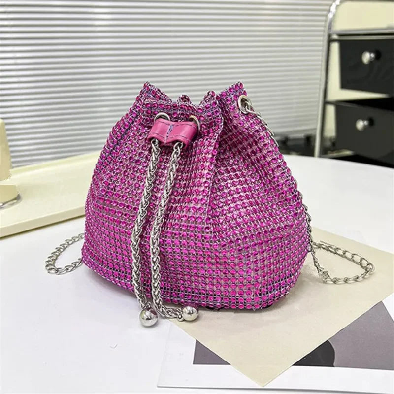 Rhinestone Bucket Crossbody Bag with Detachable Chain Strap