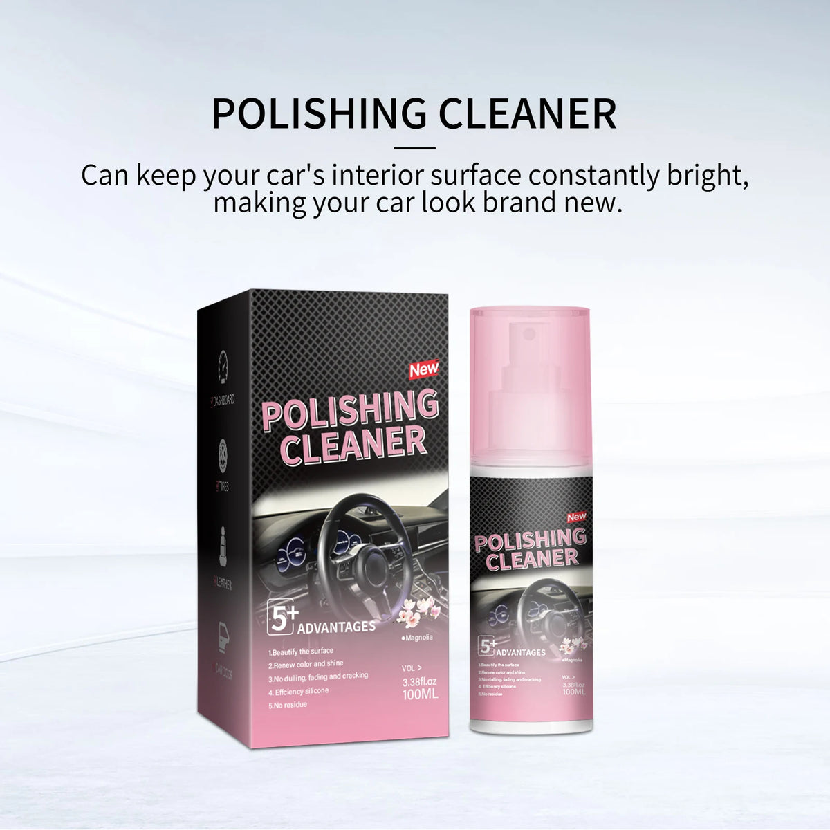 A bottle of polishing cleaner is shown next to its box, designed for keeping a car's interior surface bright.