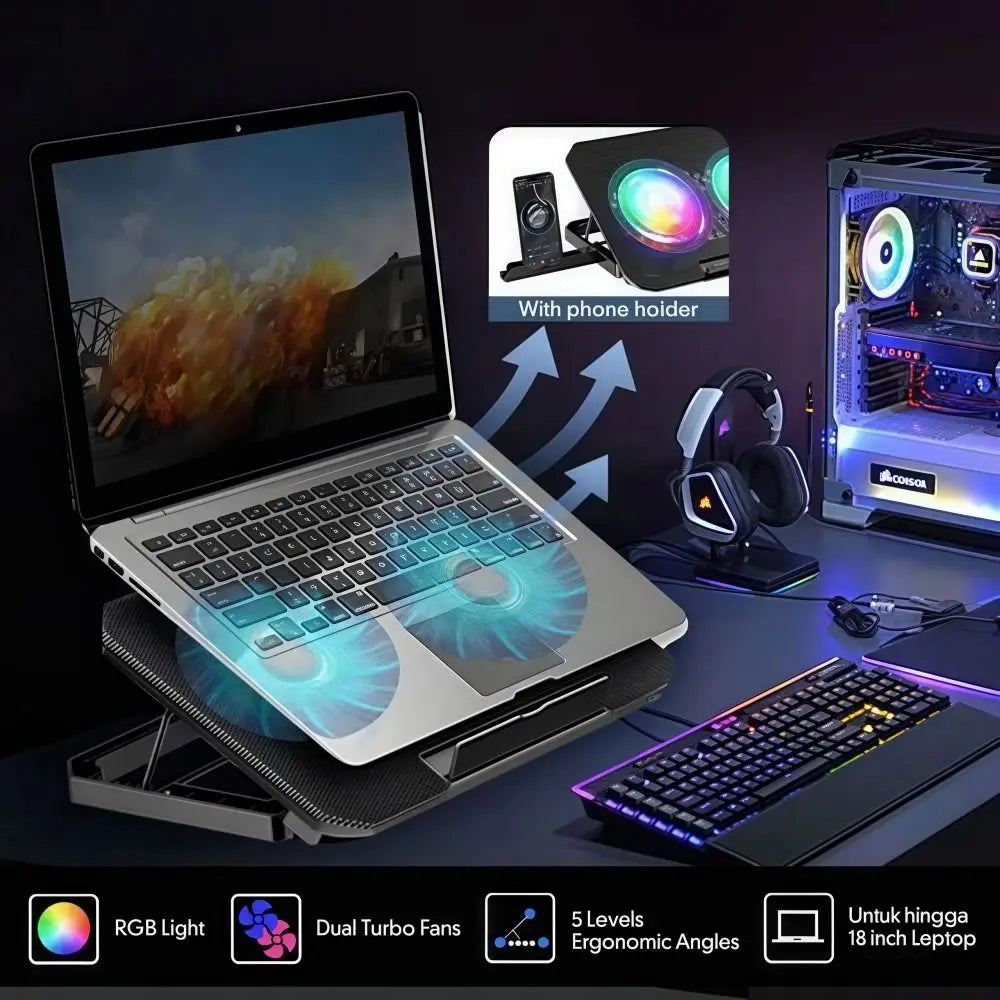 Adjustable RGB Laptop Cooling Pad with Dual Fans and Phone Holder