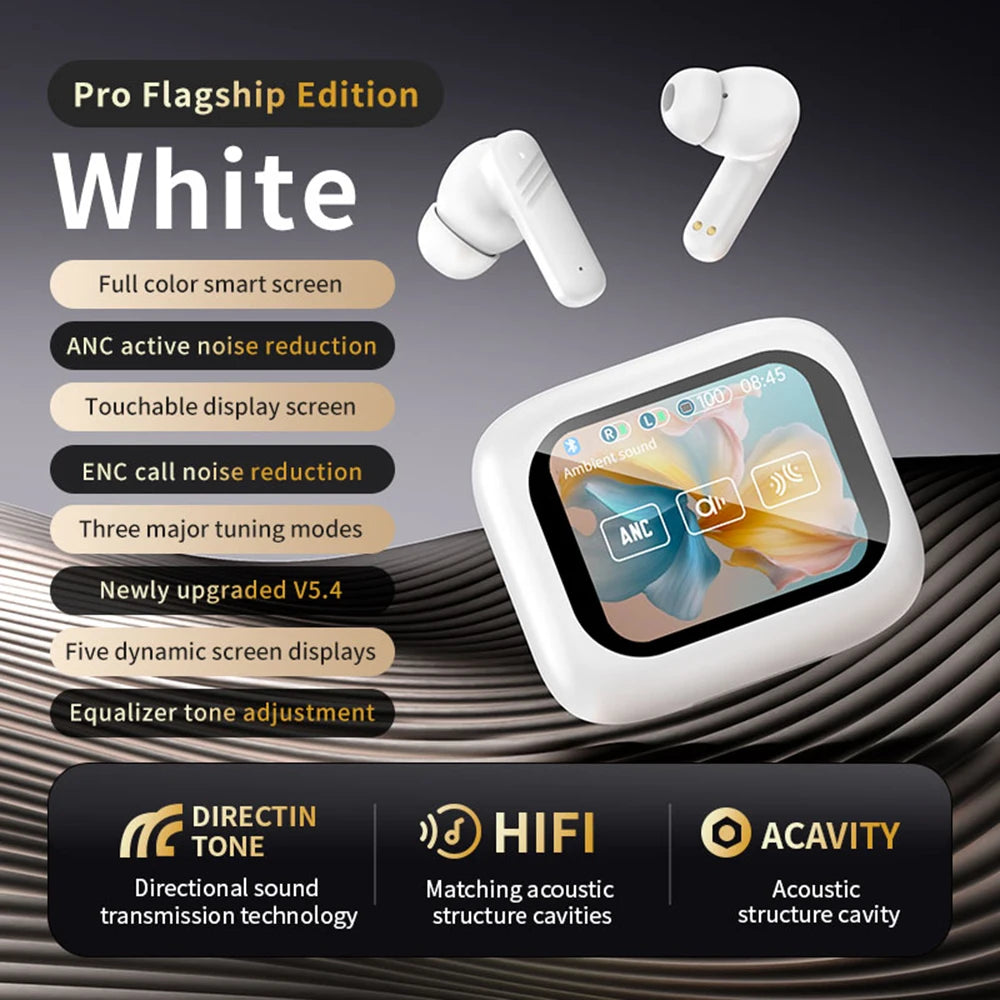 White Pro Flagship Edition wireless earbuds with a full color smart screen and various tuning modes