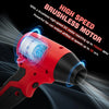Red cordless handheld turbo blower demonstrating high-speed airflow from a brushless DC motor.