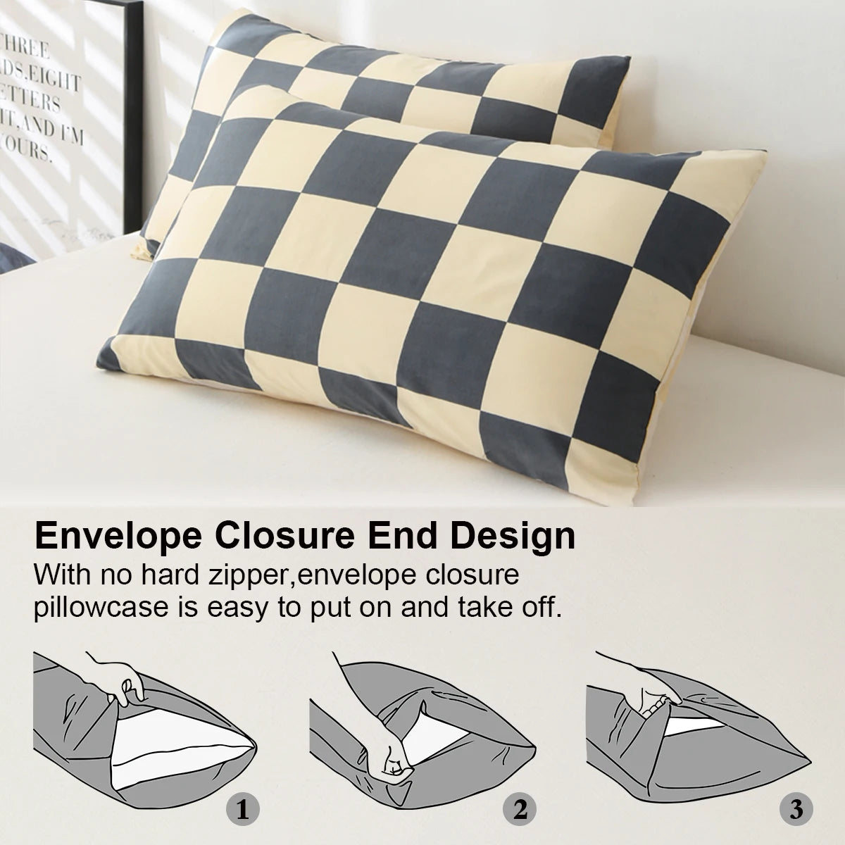 A checkered print pillowcase is shown with instructions for easy on and off use.