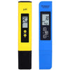 A yellow and blue digital pH and TDS water tester device with a screen displaying 74.2°F