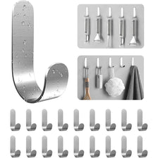 A collection of heavy-duty stainless steel self-adhesive wall hooks in various sizes and styles.