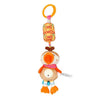 A soft plush baby rattle toy shaped like a cartoon animal with a hanging bell and colorful rattle top.