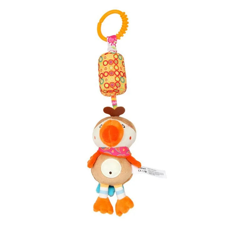 A soft plush baby rattle toy shaped like a cartoon animal with a hanging bell and colorful rattle top.
