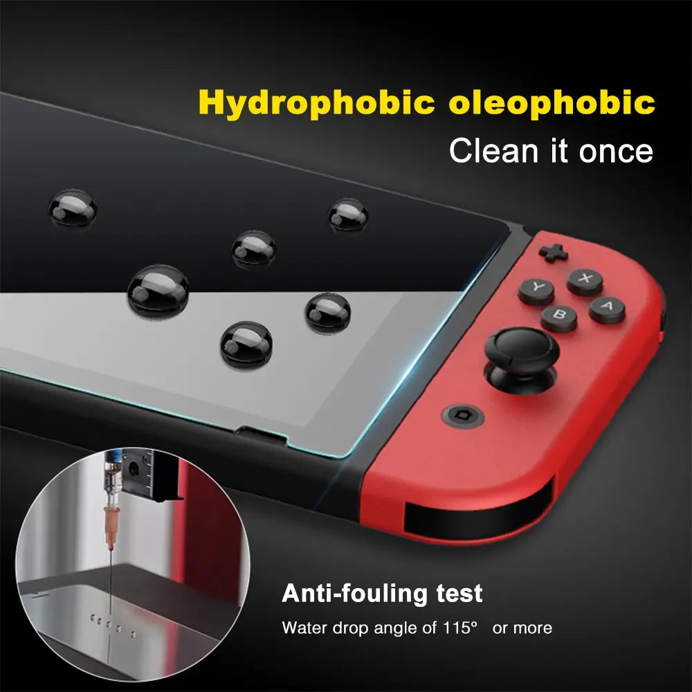 A close-up view of a hydrophobic oleophobic screen protector applied to a Nintendo Switch console.