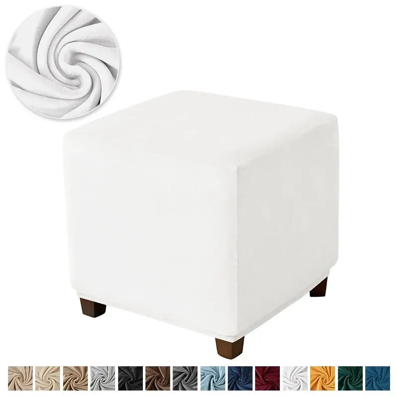 White stretch velvet ottoman cover with a swirling pattern shown next to the product.