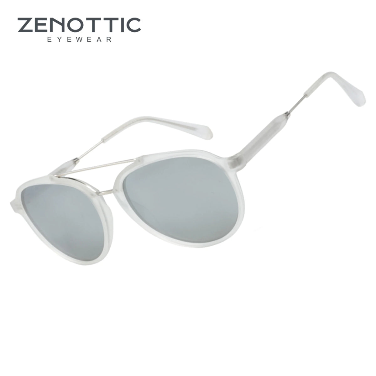 Silver-framed aviator polarized sunglasses with light gray lenses