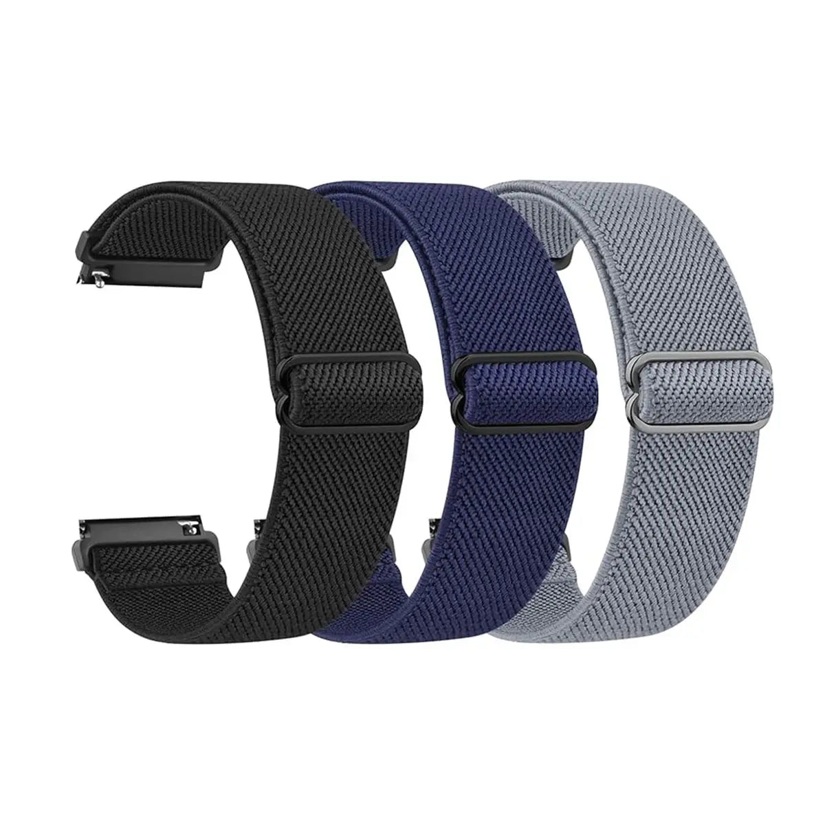Tres bandas elásticas deportivas de colores, negro, azul y gris, para rastreadores de fitness.