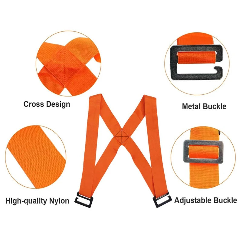 Orange nylon furniture moving straps featuring a cross design and metal buckle for adjustable securing.