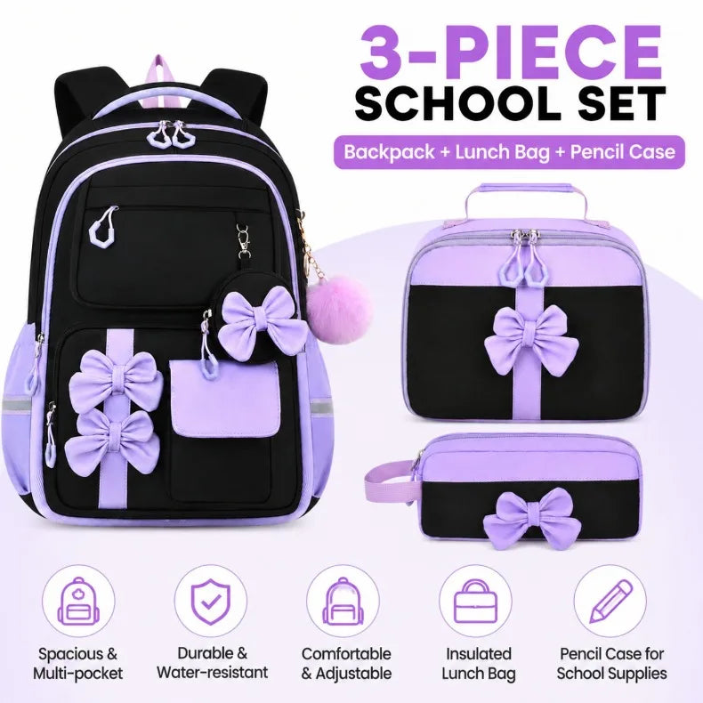 Cute 3-Piece Backpack Set for Girls with Lunch Bag & Pencil Case