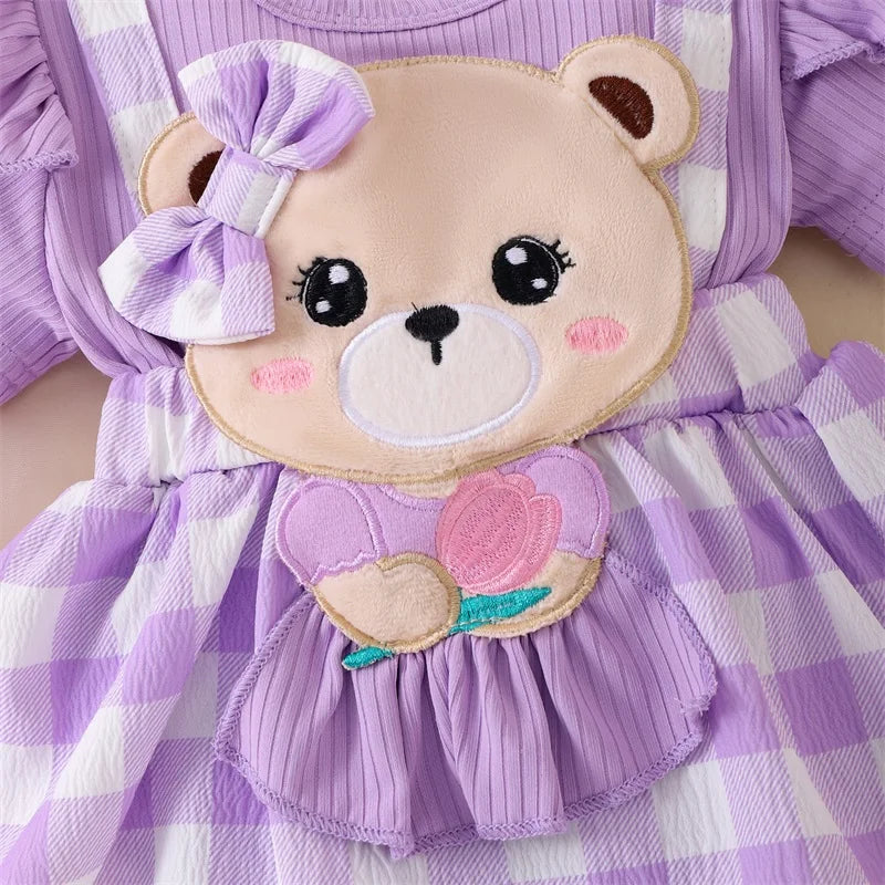 Baby Girl Plaid Romper Set with Bear Patch and Bow Headband