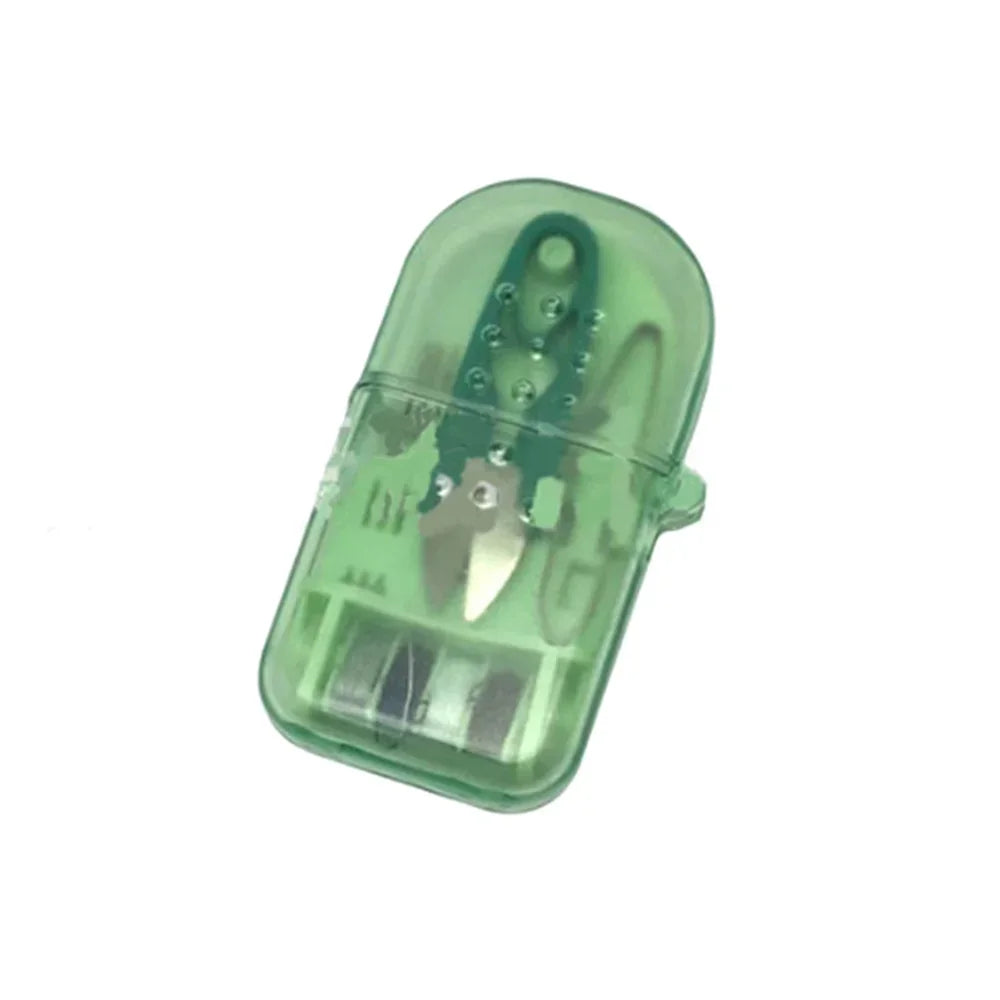 A clear green portable sewing kit stored in a translucent plastic travel case.