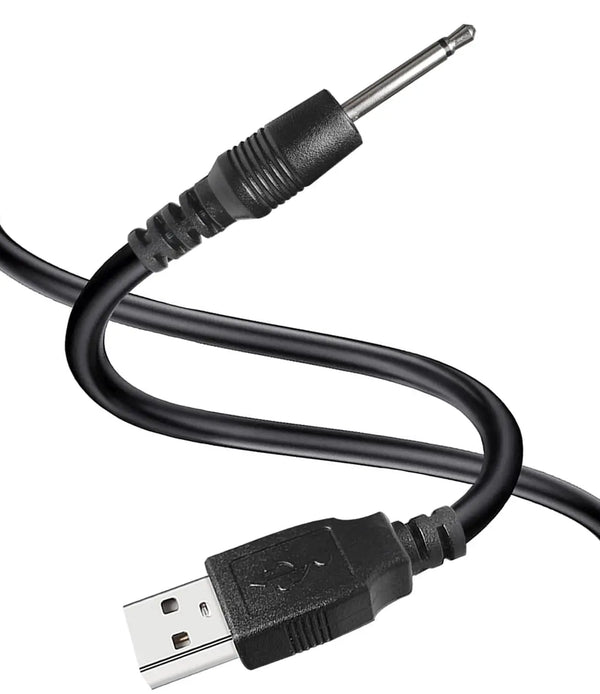 Black charging cable with a USB connector and a 2.5mm DC plug.