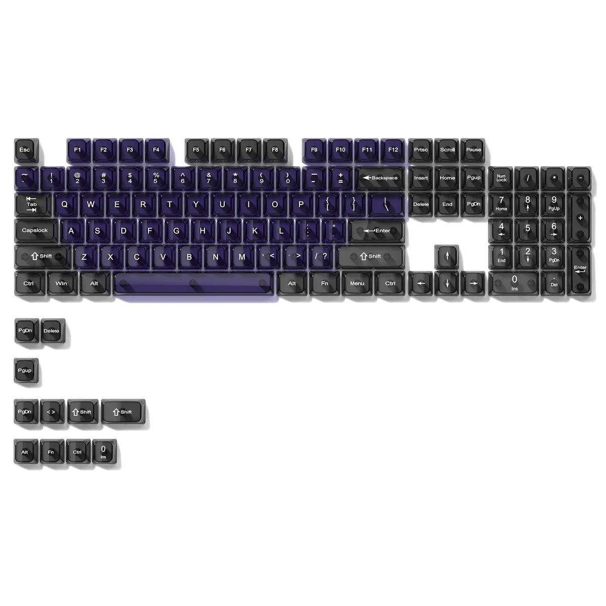 A full set of 115-key crystal clear RGB backlit keycaps with an MDA profile layout.