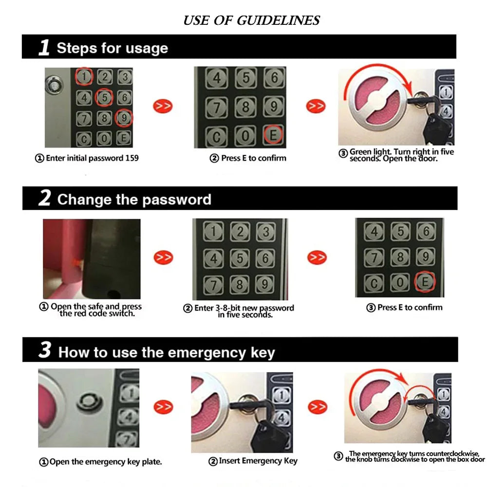 Instructions pour utiliser une boîte à gants de sécurité numérique, y compris les étapes d'utilisation et de changement de mo
