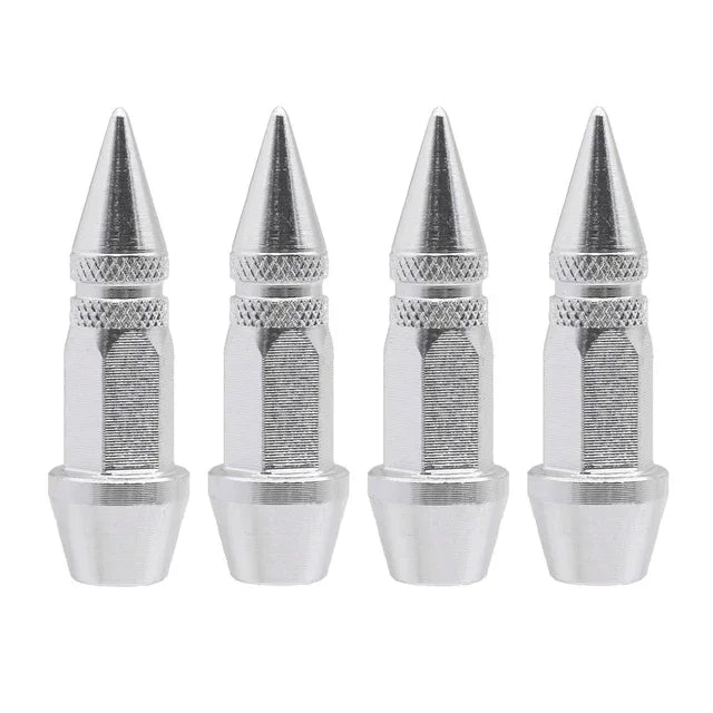 Four silver universal bullet head screws with conical tips for tires and valves