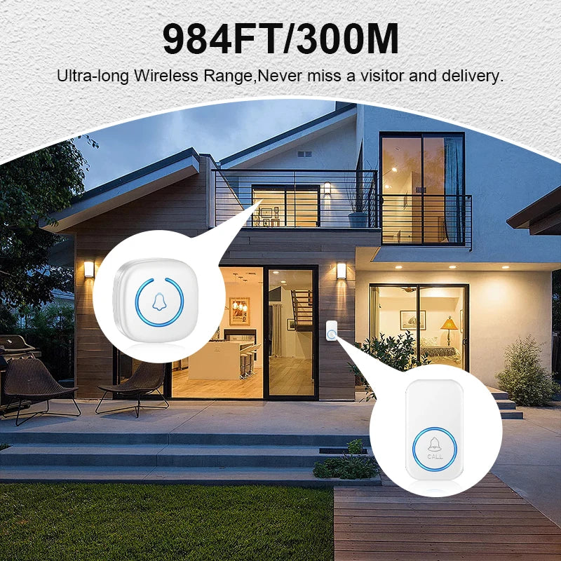 A white wireless doorbell is shown mounted on the exterior of a modern house, illustrating its long-range signal capability.