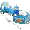 A blue foldable kids play tent featuring a tunnel and ball pit for children.