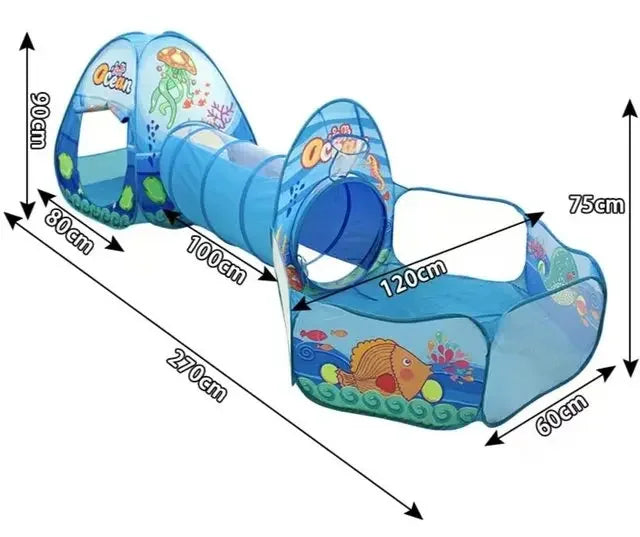 A blue foldable kids play tent featuring a tunnel and ball pit for children.