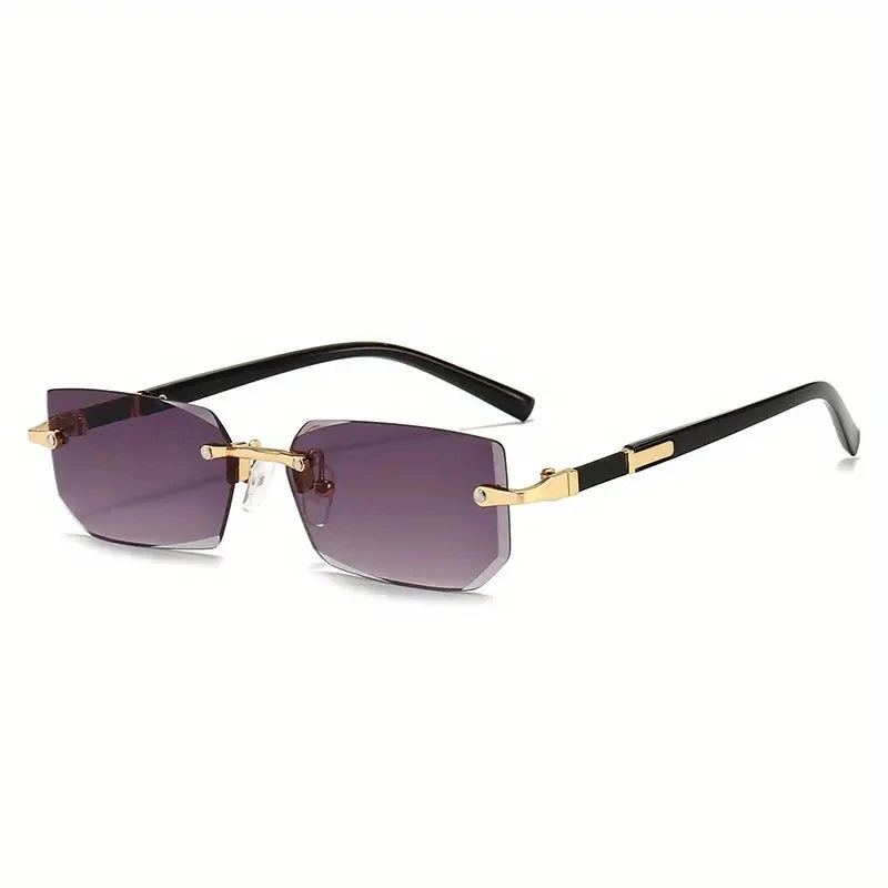 Lunettes de soleil rectangulaires sans monture avec des verres violet foncé et des montures noires