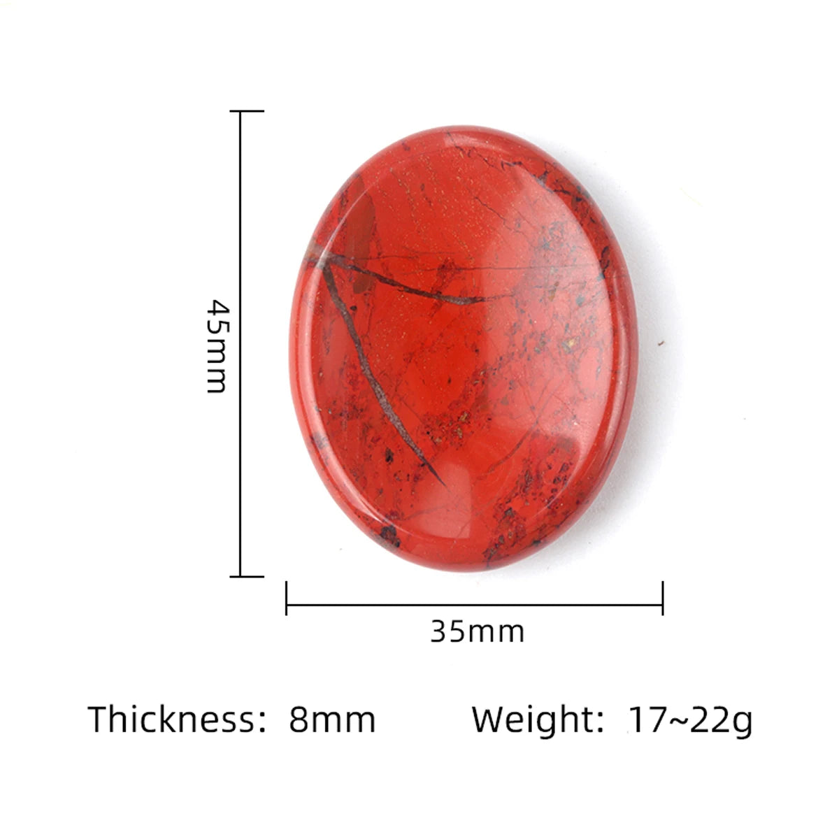 A smooth, oval-shaped red crystal stone with black veining, measuring 35mm long and 8mm thick.