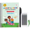 A colorful workbook titled Wonderful Groove Practice Copybook for Preschool Alphabet with a black pen and pencils.