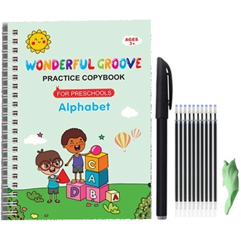 A colorful workbook titled Wonderful Groove Practice Copybook for Preschool Alphabet with a black pen and pencils.