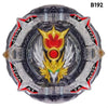 A clear plastic battle spinning top with a metal construction design and a central emblem.