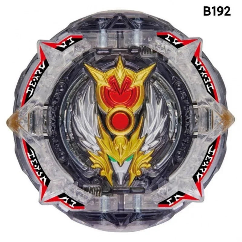 A clear plastic battle spinning top with a metal construction design and a central emblem.