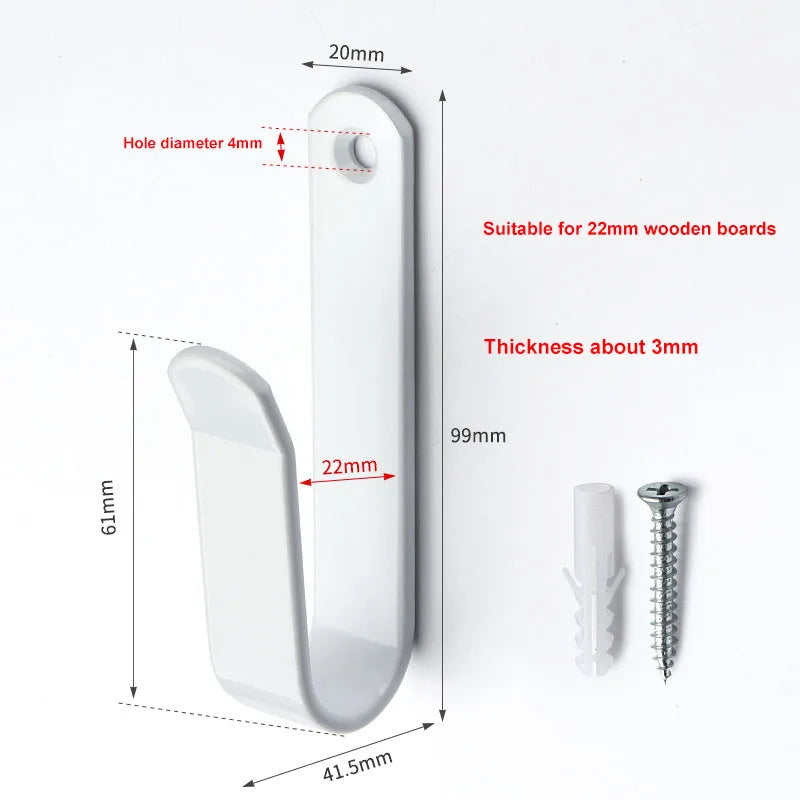 A white wall mount clip for wooden boards, showing dimensions and a corresponding screw.