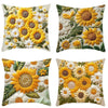 A set of fabric cushion covers featuring various designs of sunflowers and daisies in yellow, white, and green tones.
