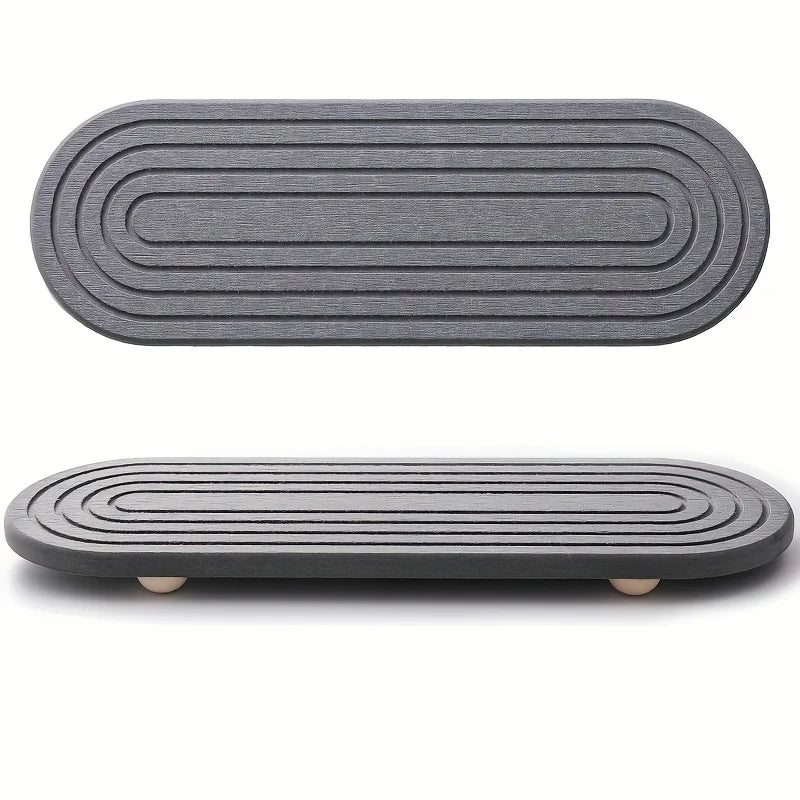 A gray diatomite stone tray with concentric grooves, shown in two views.